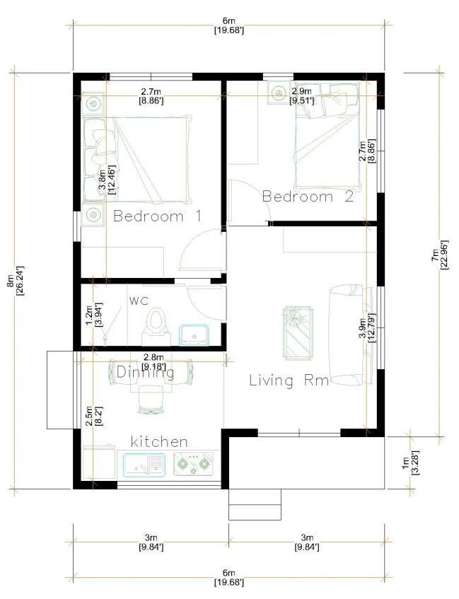 Denah Rumah Ukuran 6x8 meter 2 Kamar Tidur