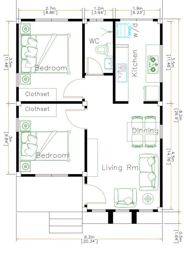 Denah Rumah Ukuran 6x8 meter 2 Kamar