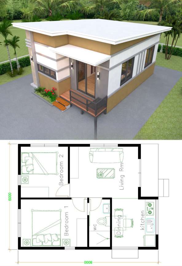 Ide Desain Denah Rumah Ukuran 6x8 2 Kamar