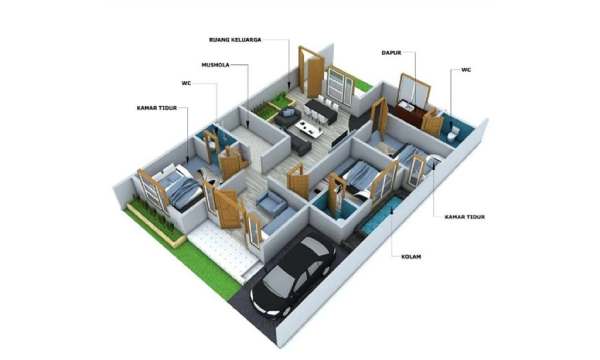 Denah Rumah 7x12 3 Kamar 1 Mushola_ Solusi Rumah Ibadah dalam Rumah